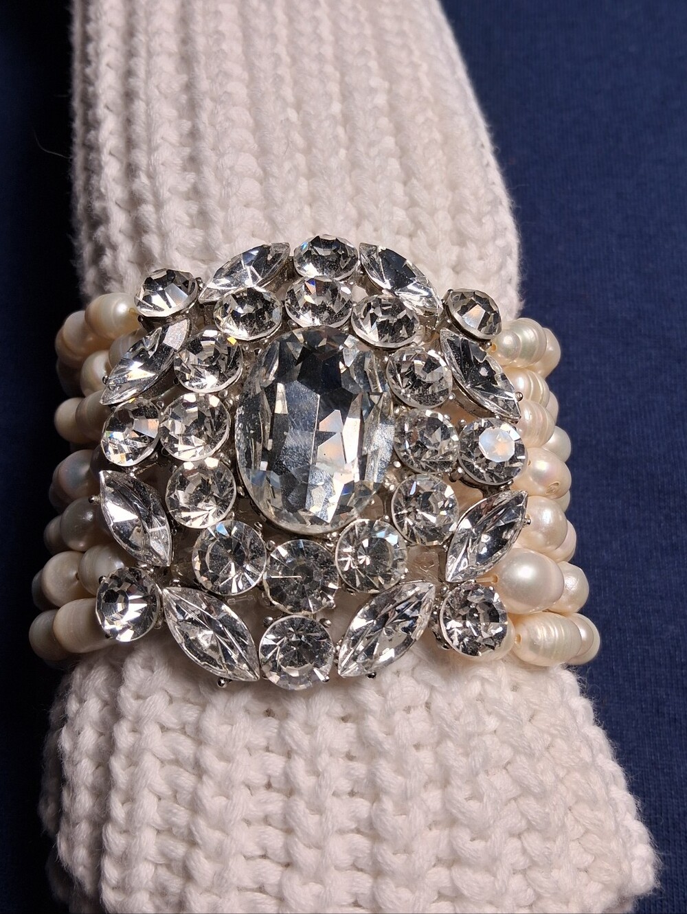 Pearl Multi-Strand Bracelet with Clear Crystal Brooch Accent